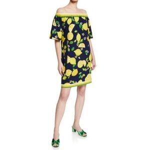 Trina Turk Kelso Lemon Off the Shoulder Stripe Trim Short Sleeve Shift Dress